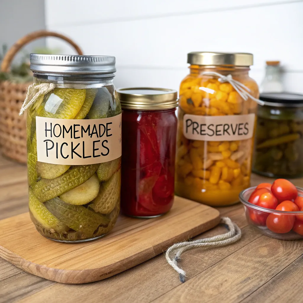 Jars of homemade pickles and preserves